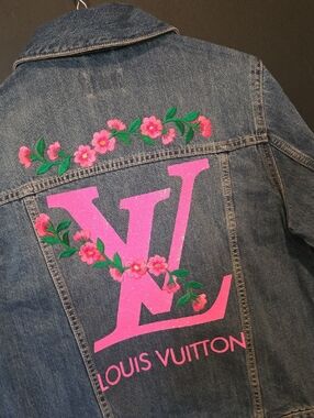 The Childrens Place LV Denim Jacket with Pink Logo and Green Floral Accents